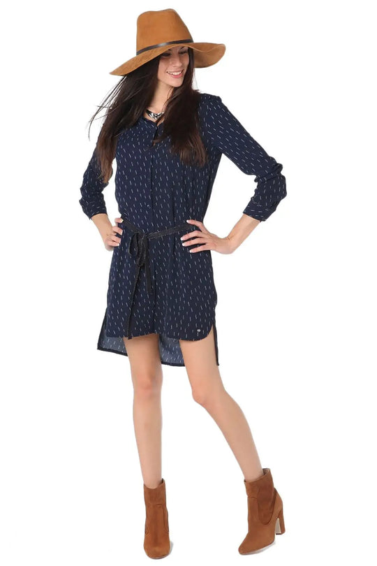 Chemise 3/4 en tissu brossé bleu marine avec ceinture - Vestidos