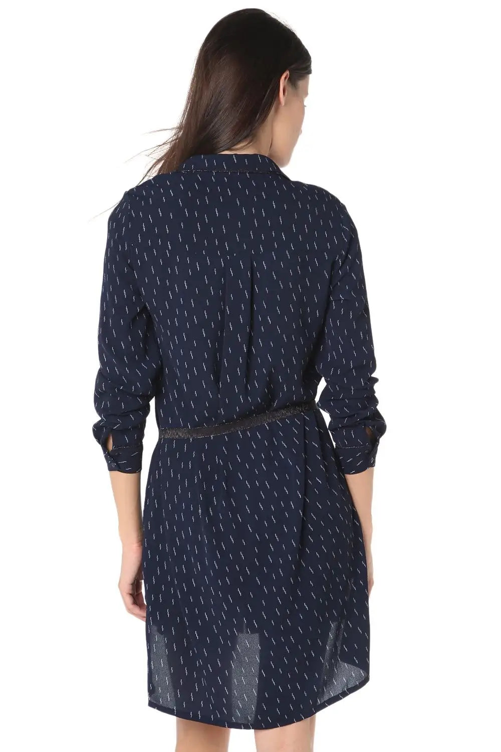 Chemise 3/4 en tissu brossé bleu marine avec ceinture - Vestidos