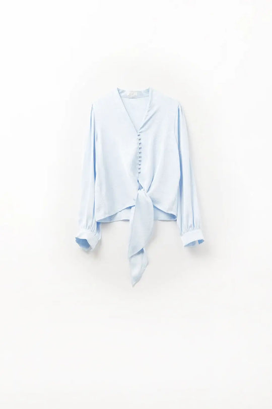 Chemise à boutons raccourcie en bleu avec nœud - Tee-Shirt