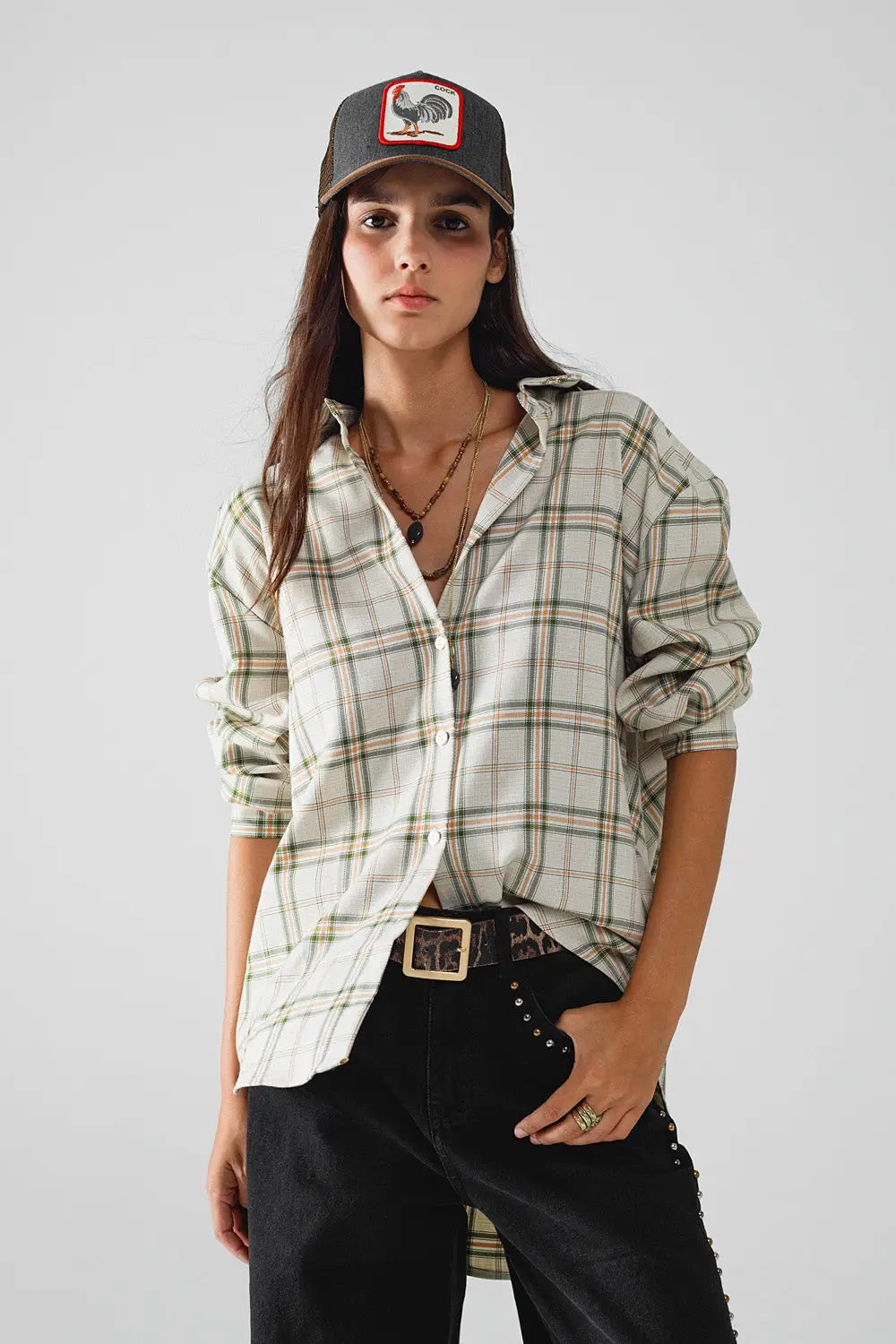 Chemise à carreaux avec ouverture au dos beige - Tee-Shirt