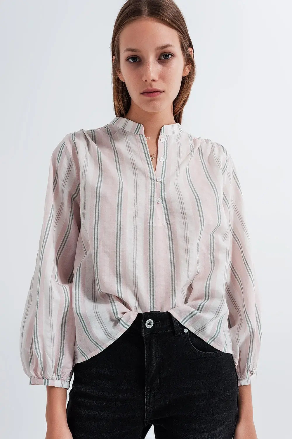 Q2 Chemise à col grand père Rayures roses