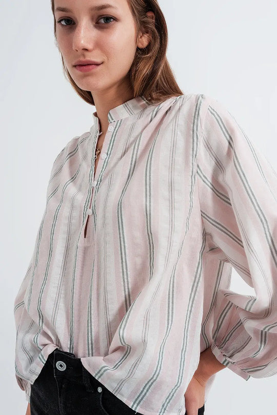 Chemise à col grand père Rayures roses - Tee-Shirt