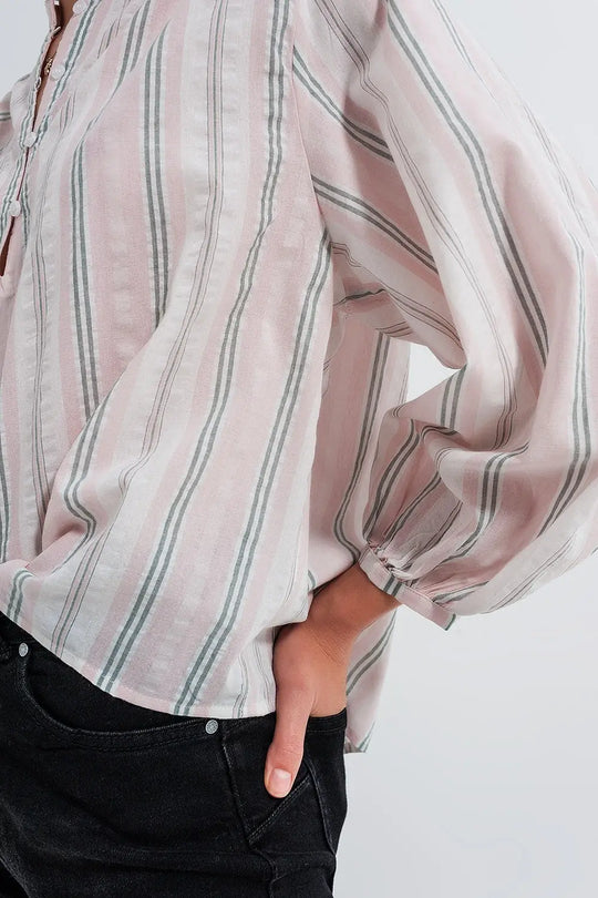 Chemise à col grand père Rayures roses - Tee-Shirt