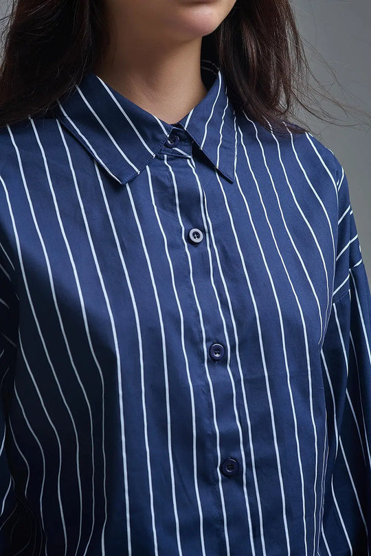 Chemise à col montant rayée bleu marine en popeline douce - Tee-Shirt