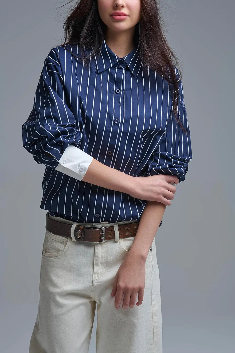 Chemise à col montant rayée bleu marine en popeline douce - Tee-Shirt