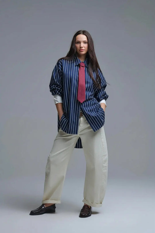 Chemise à col montant rayée bleu marine en popeline douce - Tee-Shirt