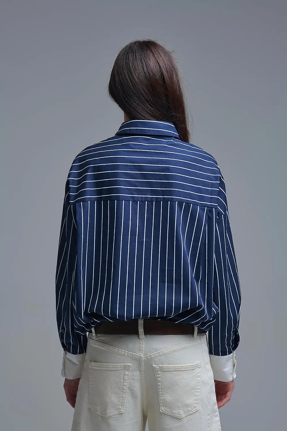 Chemise à col montant rayée bleu marine en popeline douce - Tee-Shirt