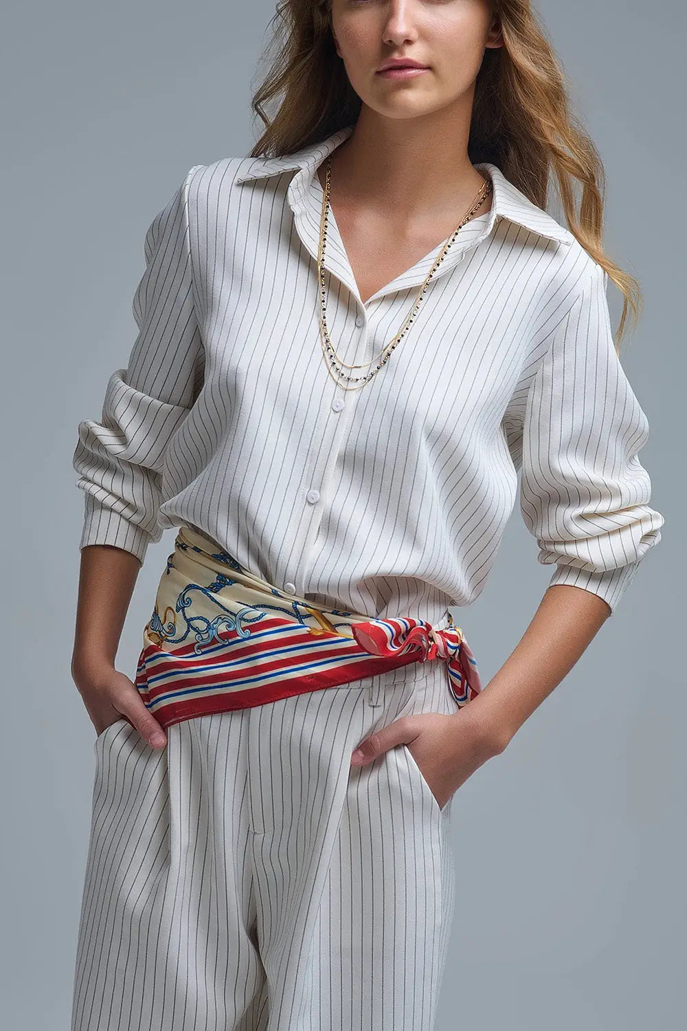 Chemise à col montant sophistiquée à rayures crème - Tee-Shirt
