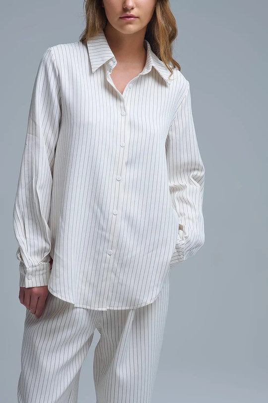Chemise à col montant sophistiquée à rayures crème - Tee-Shirt