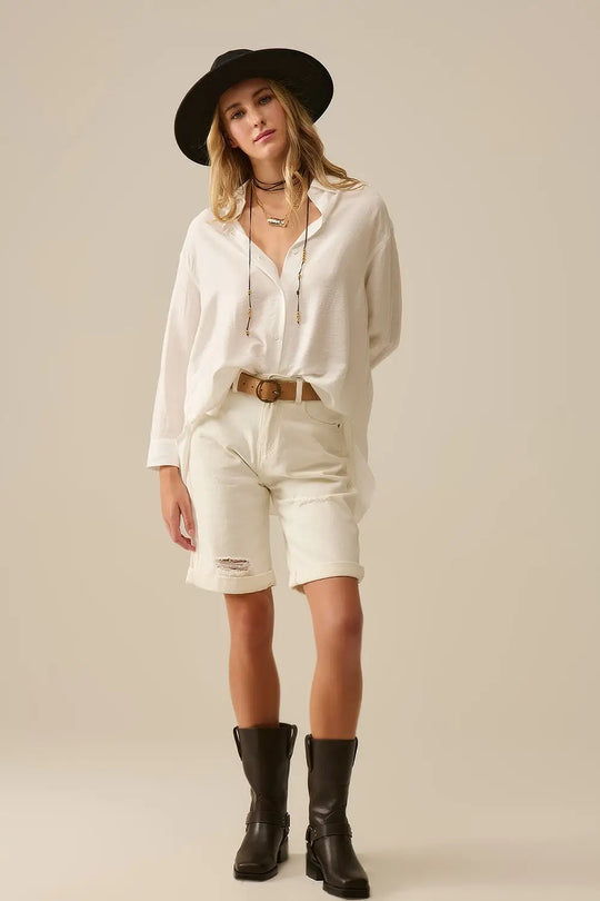 Chemise à coupe décontractée manches longues en blanc - Tee-Shirt