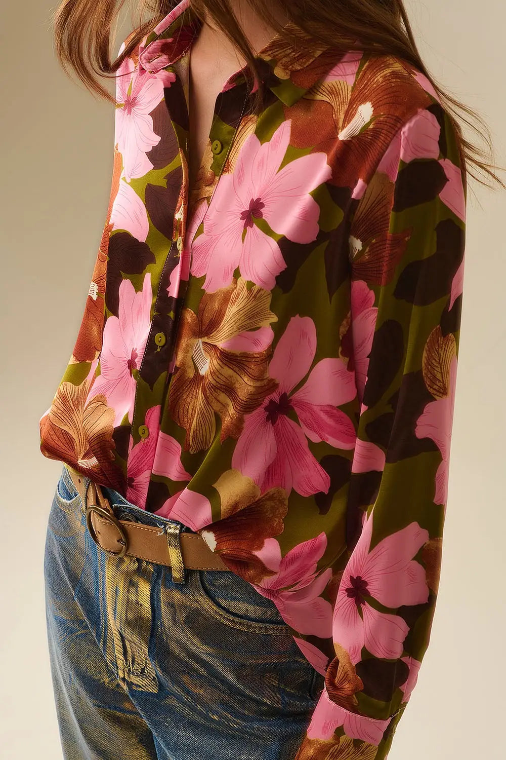 Chemise à fleurs tropicales en satin vert olive - Tee-Shirt