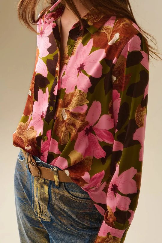 Chemise à fleurs tropicales en satin vert olive - Tee-Shirt