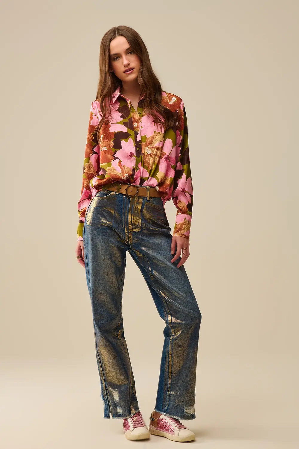 Chemise à fleurs tropicales en satin vert olive - Tee-Shirt