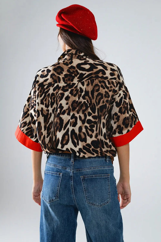 Chemise à manches 3/4 en léopard avec détails rouges - Tee-Shirt