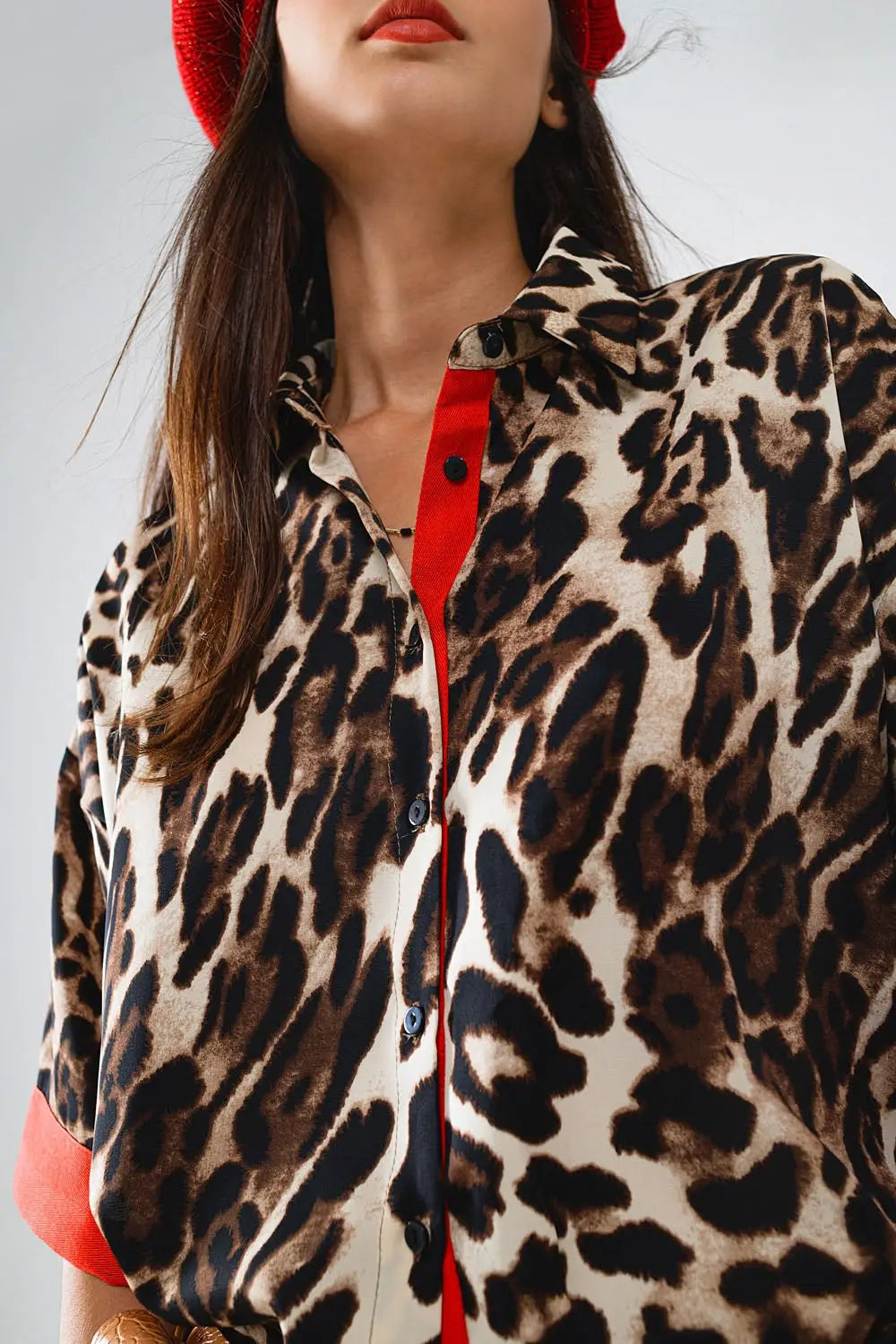 Chemise à manches 3/4 en léopard avec détails rouges - Tee-Shirt