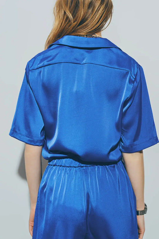 Chemise à Manches Courtes en Satin Bleu - Tee-Shirt