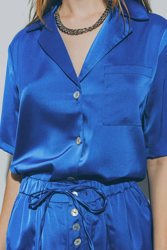Chemise à Manches Courtes en Satin Bleu - Tee-Shirt