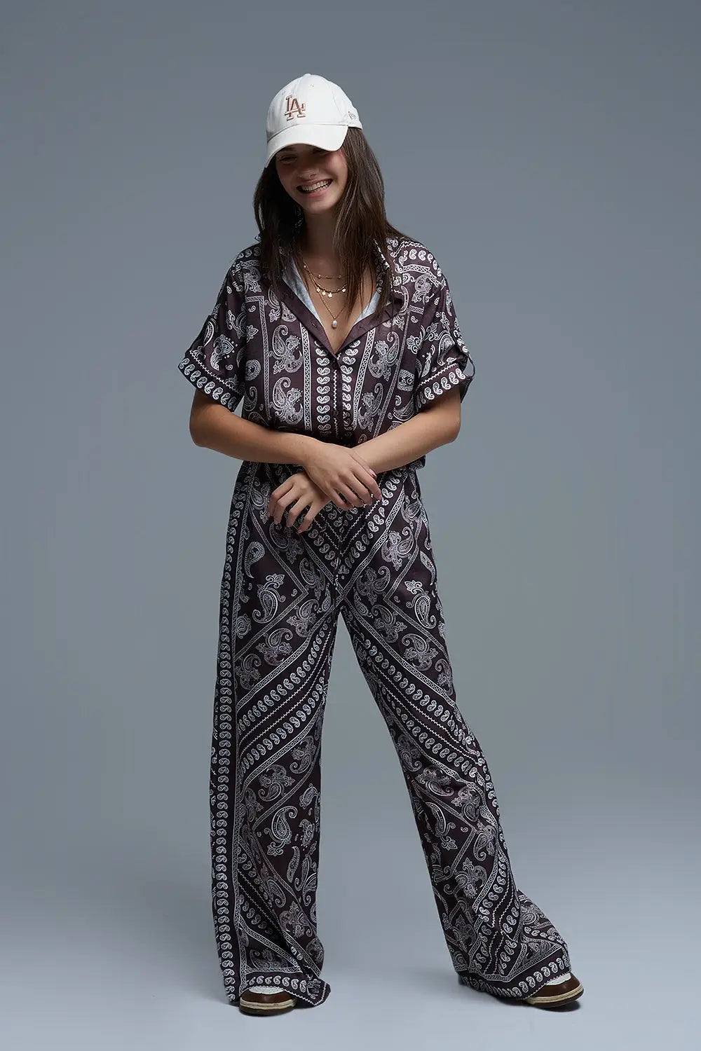 Chemise à manches courtes imprimée Paisley marron - Tee-Shirt