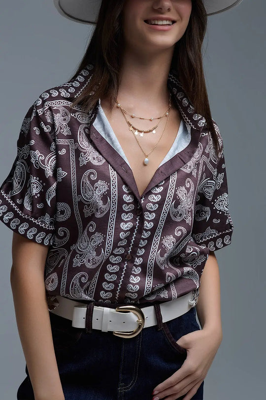 Chemise à manches courtes imprimée Paisley marron - Tee-Shirt