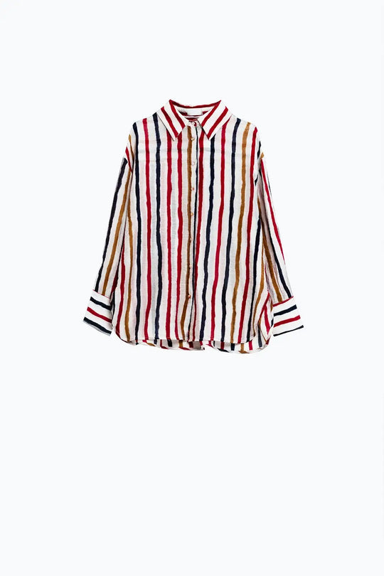 chemise à manches longues en mousseline de soie à rayures multicolores rouge et marine - Tee-Shirt