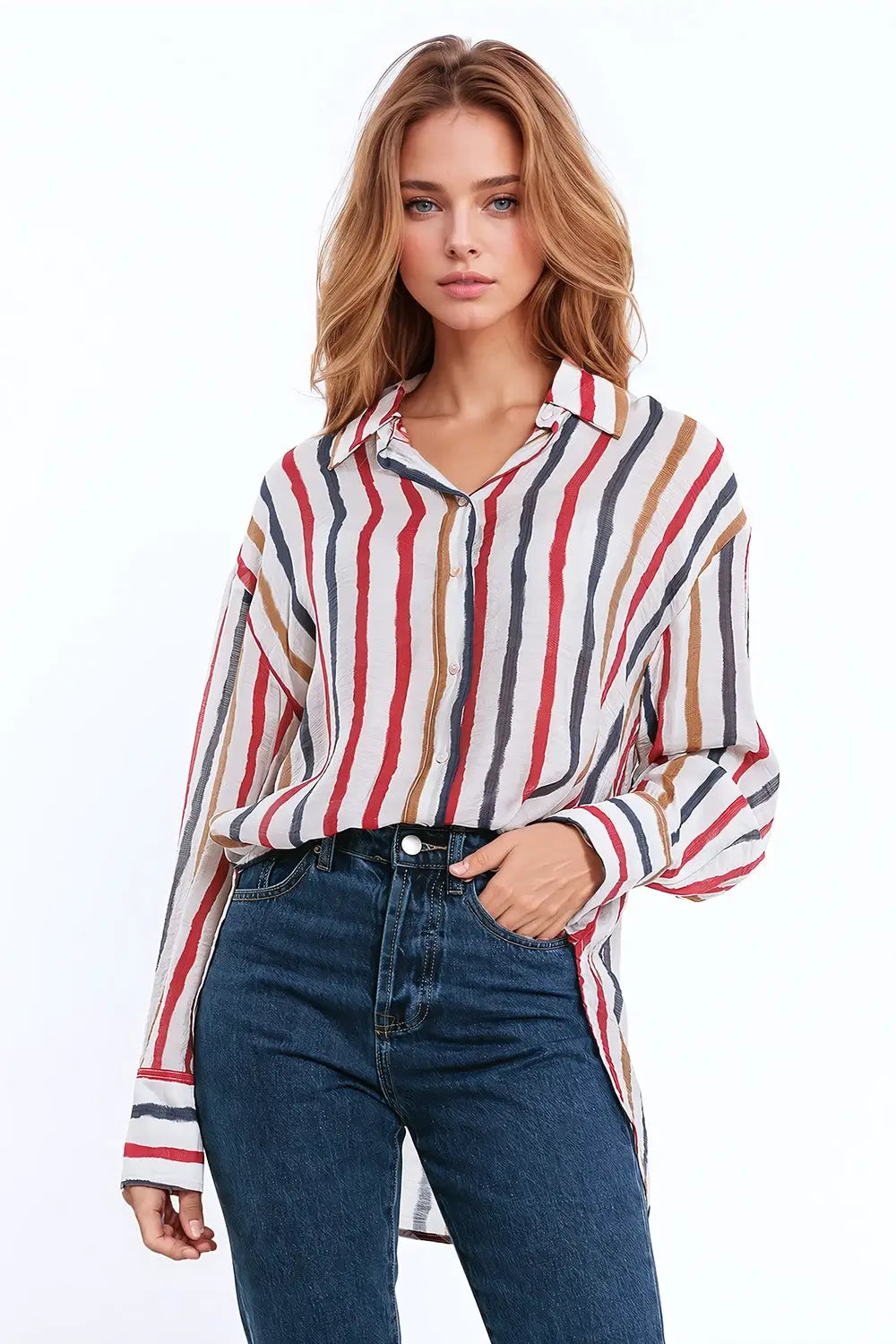 Q2 chemise à manches longues en mousseline de soie à rayures multicolores rouge et marine