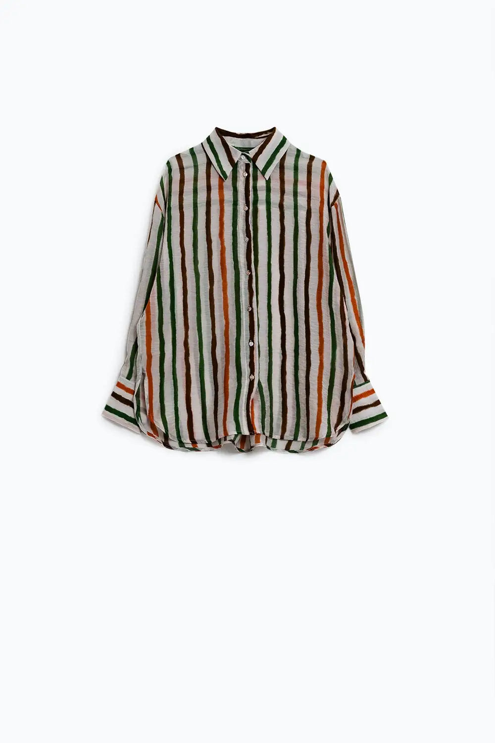 chemise à manches longues en mousseline de soie à rayures multicolores vertes et brunes - Tee-Shirt