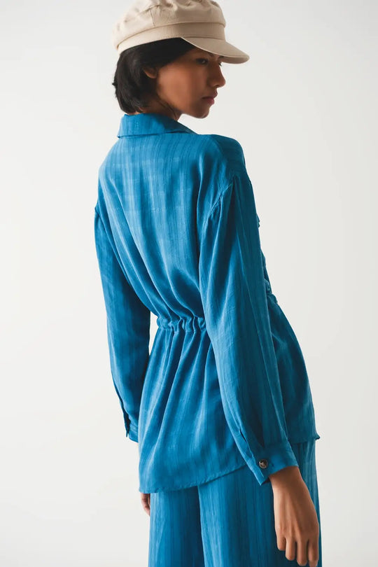 Chemise à manches longues taille nouée en bleu - Tee-Shirt