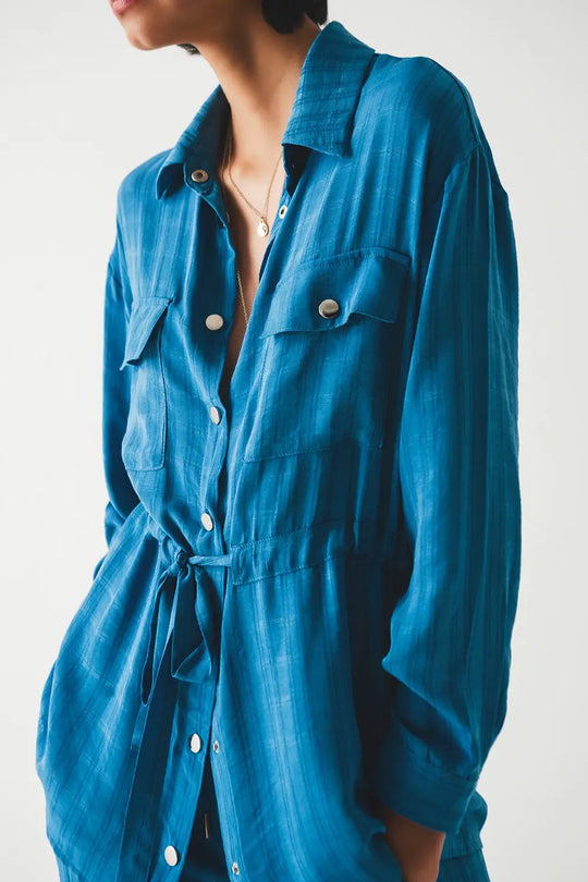 Chemise à manches longues taille nouée en bleu - Tee-Shirt