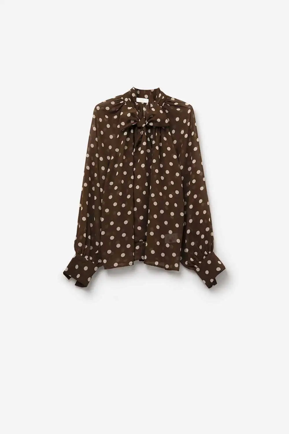 Chemise à pois marron avec détails en dentelle en mousseline de soie - Tops
