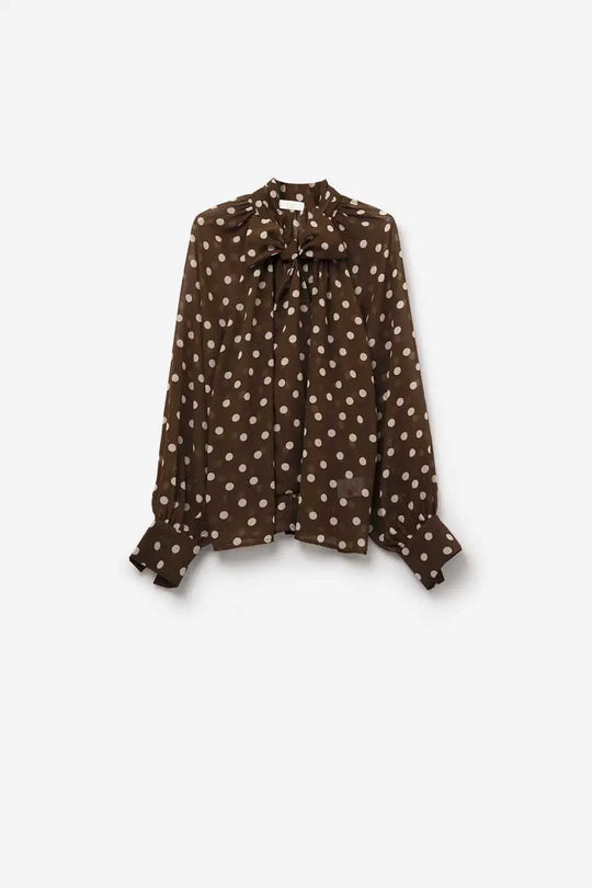 Chemise à pois marron avec détails en dentelle en mousseline de soie - Tops