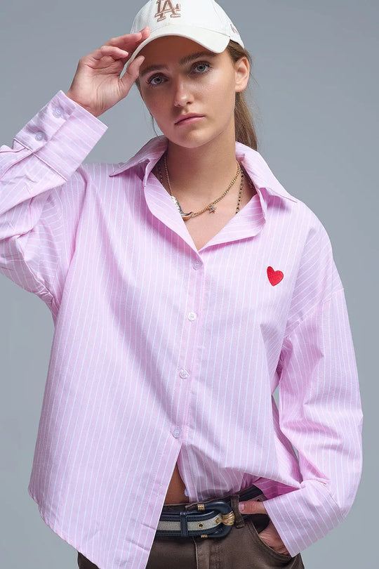 Chemise à rayures roses avec broderie en forme de cœur rouge - Tee-Shirt