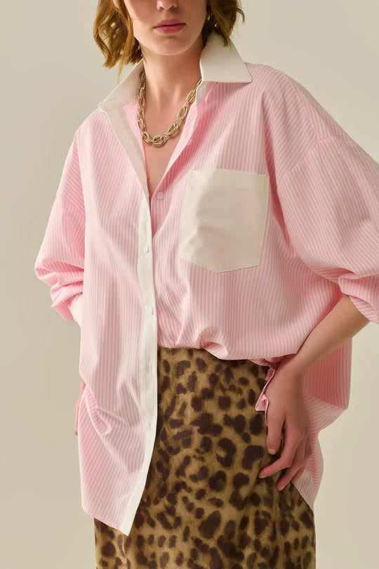 Chemise à rayures roses avec poche et col blanc - Tee-Shirt