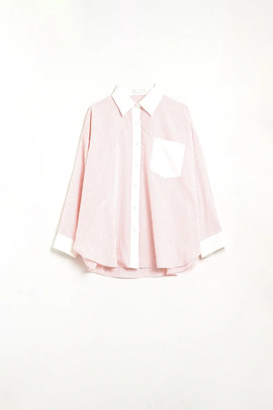Chemise à rayures roses avec poche et col blanc - Tee-Shirt