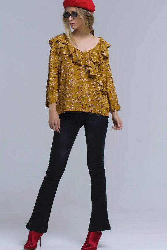 Chemise à volants croisés à la moutarde - Tee-Shirt