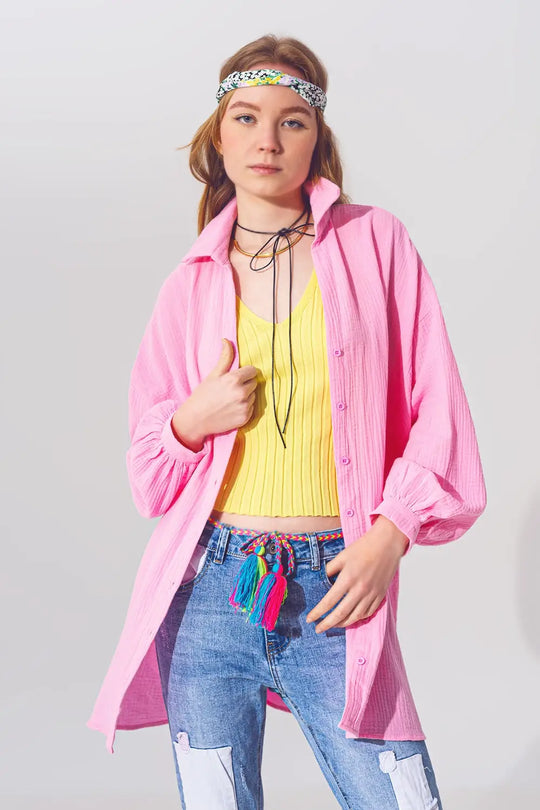 Chemise ample texturée rose - Tee-Shirt