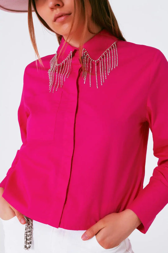 Chemise avec col à franges et strass en fuxia - Tee-Shirt