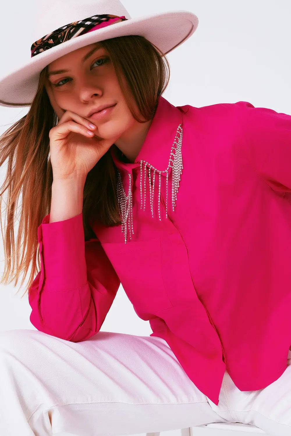 Chemise avec col à franges et strass en fuxia - Tee-Shirt