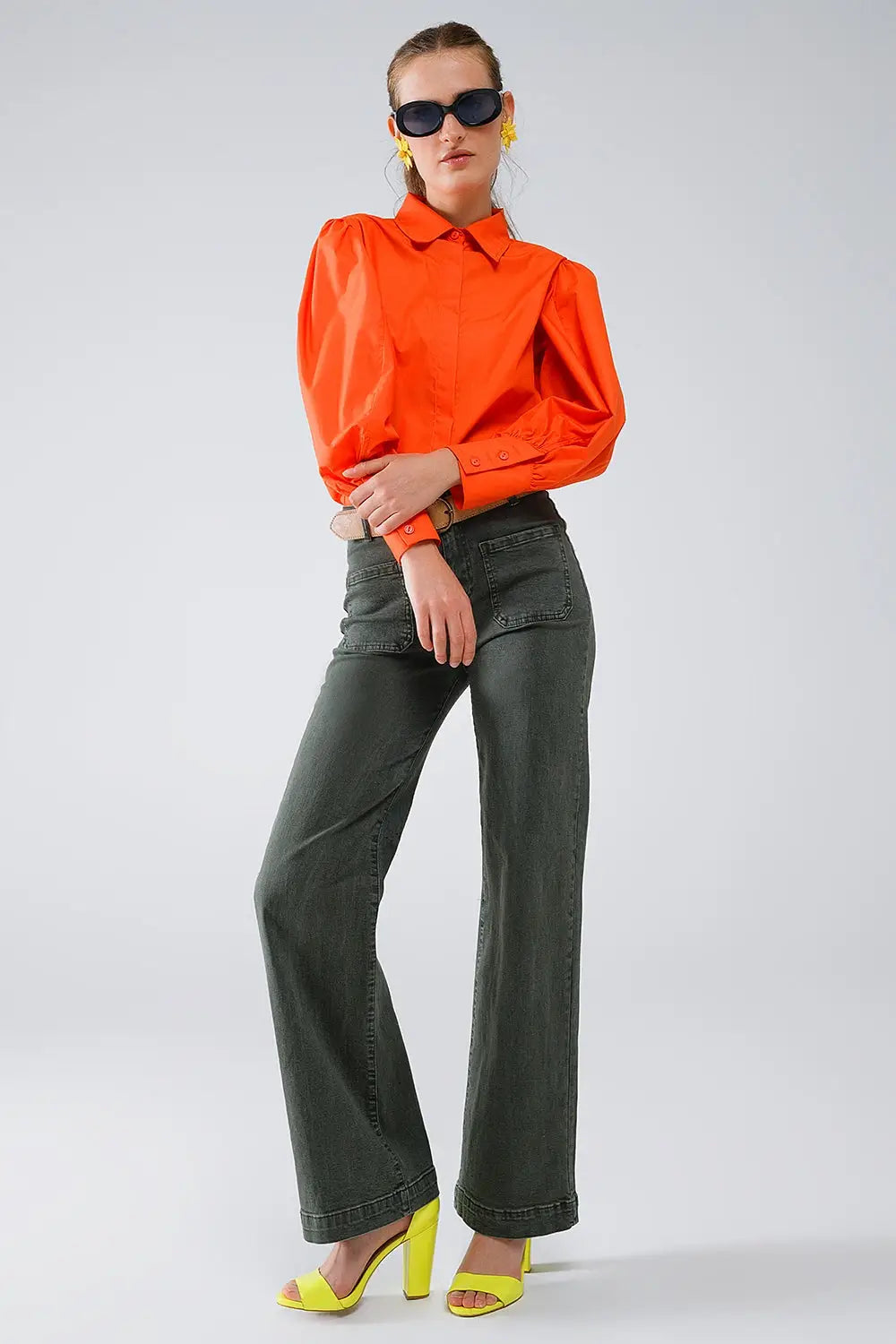 Chemise basique en popeline orange à manches longues ballon - Tee-Shirt