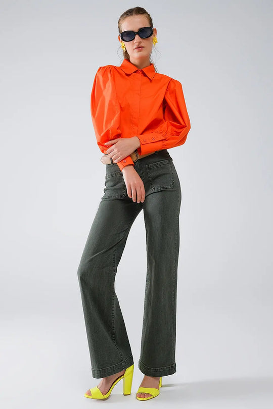 Chemise basique en popeline orange à manches longues ballon - Tee-Shirt