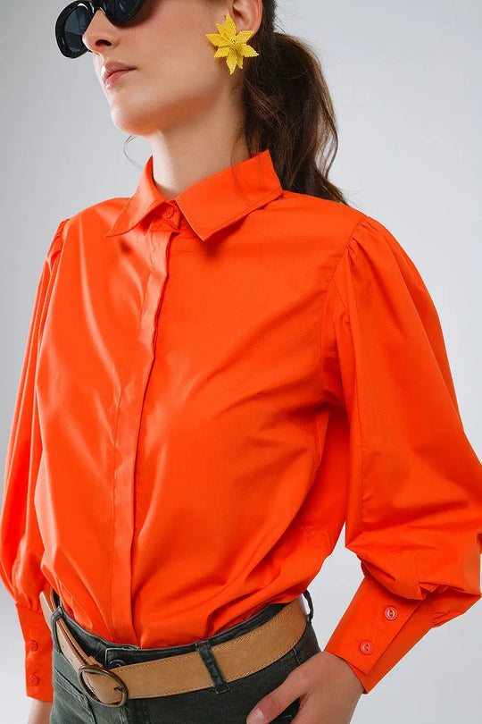 Chemise basique en popeline orange à manches longues ballon - Tee-Shirt