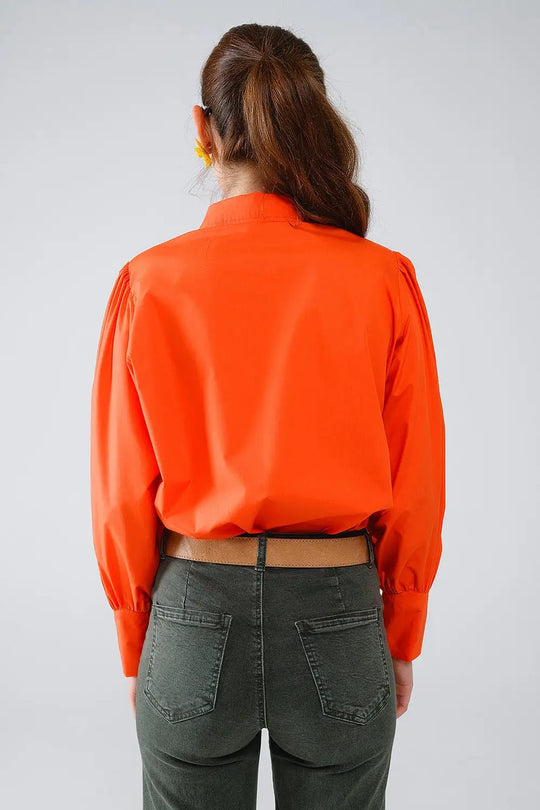 Chemise basique en popeline orange à manches longues ballon - Tee-Shirt
