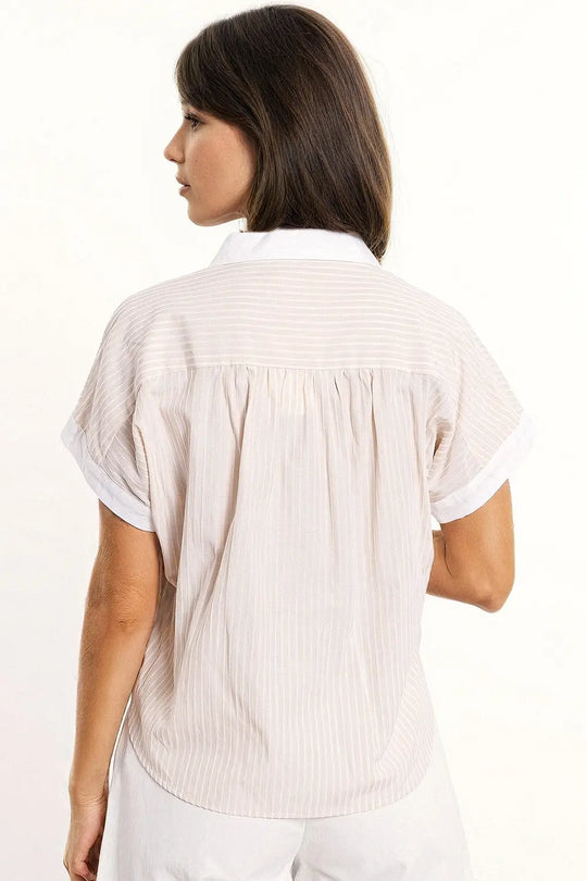 Chemise beige à manches courtes et à rayures verticales - Tee-Shirt