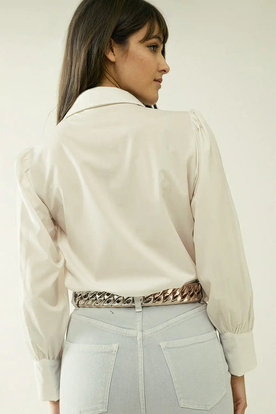 Chemise blanche Basic poplin à manches longues ballon - Tee-Shirt