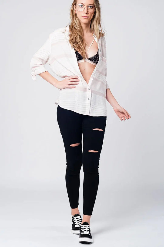 Chemise blanche à rayures roses et détails noeuds - Tee-Shirt