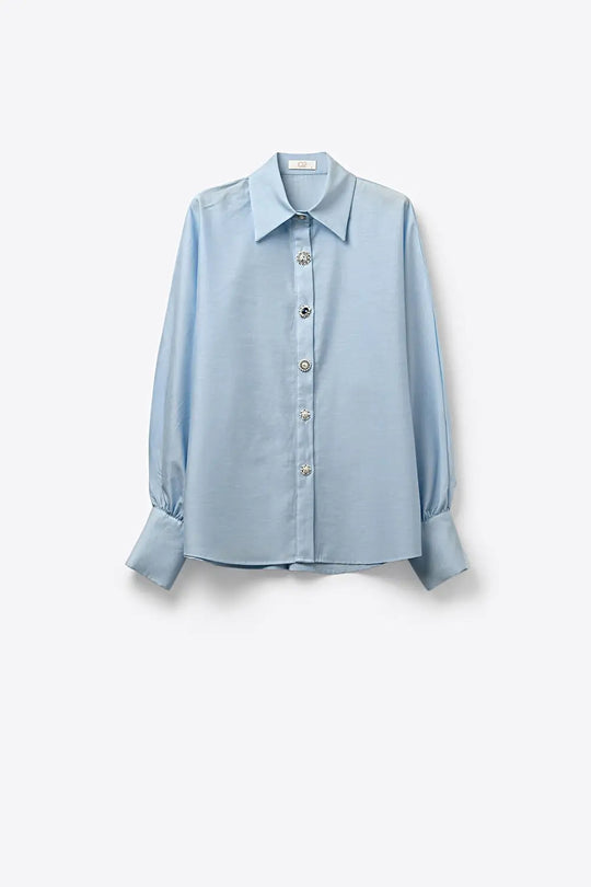 Chemise bleu clair en satin à manches longues avec deux boutons au poignet - Tee-Shirt