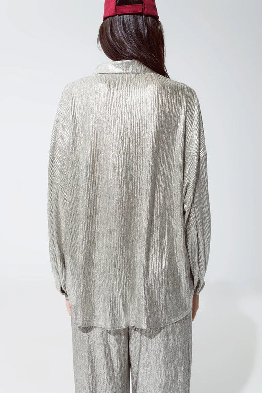 Chemise boutonnée à la coupe décontractée et aux manches ballon en argent - Tee-Shirt