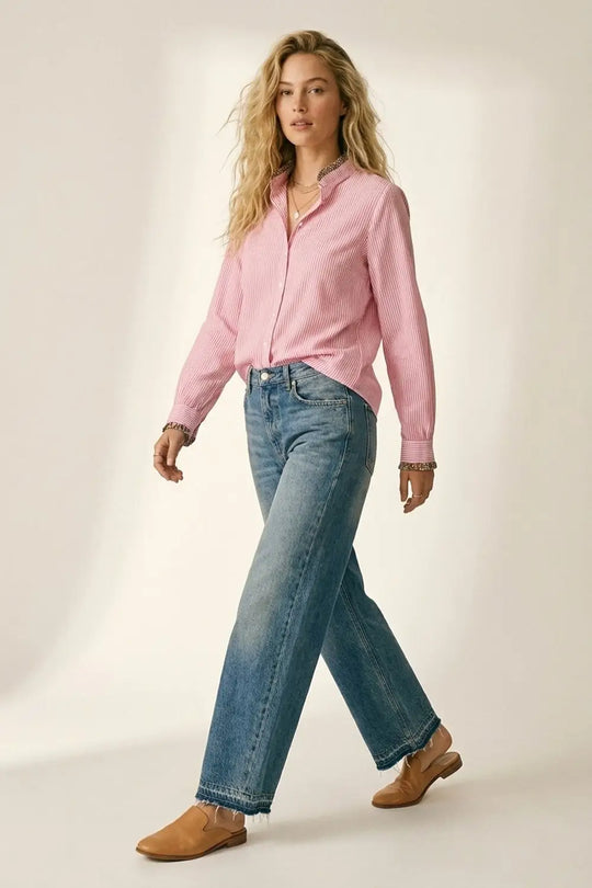 Chemise boutonnée à rayures roses et bordures florales - Tee-Shirt