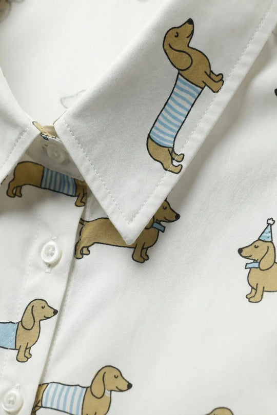 Chemise boutonnée blanche à imprimé chien joueur - Tee-Shirt
