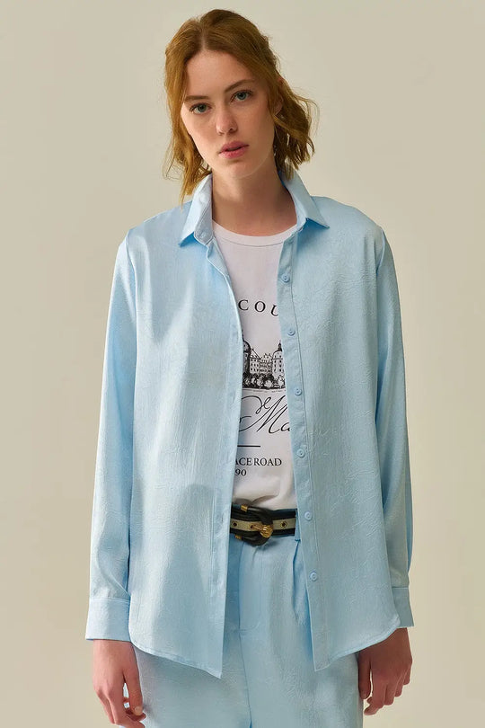 Chemise boutonnée bleue bébé en satin - Tee-Shirt