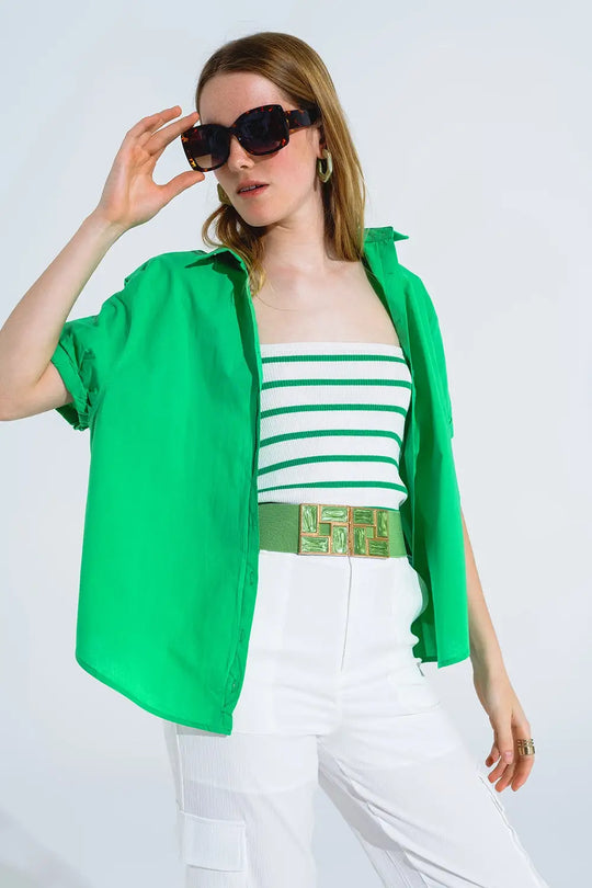 Chemise boutonnée décontractée à manches courtes en vert - Tee-Shirt